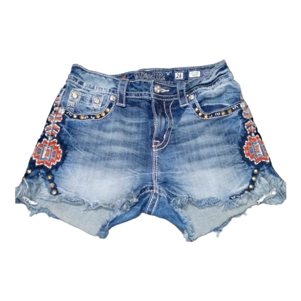 Miss Me High Rise Shorts Womens  Denim Blue Tribal Pattern Aztec size 28